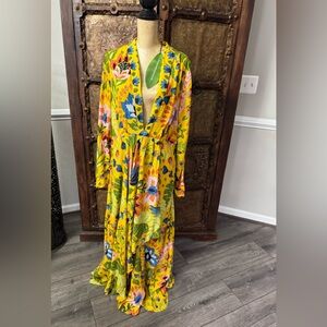 Farm Vibrant Yellow Floral Maxi Dress - Deep V, Long Sleeve XL
